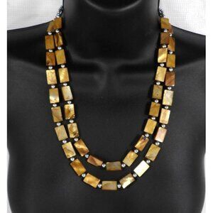 Vintage 2 strand brown rectangular beads with silver necklace 20" adjustable